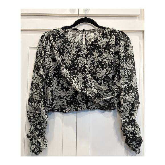 ZARA floral crop chiffon back and white blouse M - Picture 3 of 9